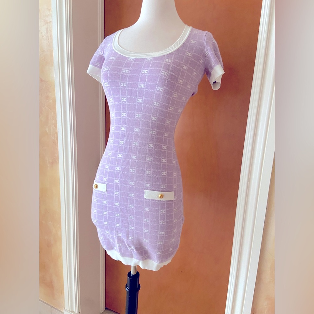 $798 Elisabetta Franchi XS Monogram Knit Mini Dress Wisteria Lilac 38